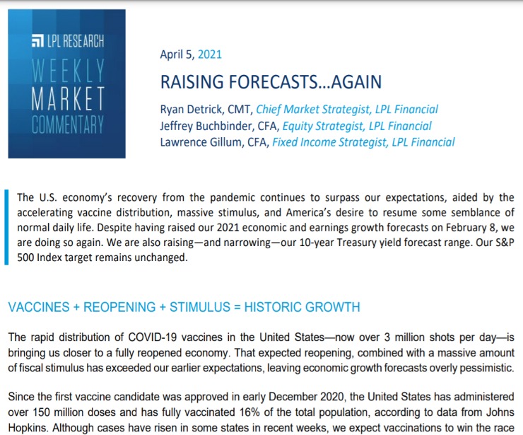 Raising Forecasts…Again | Weekly Market Commentary | April 5, 2021